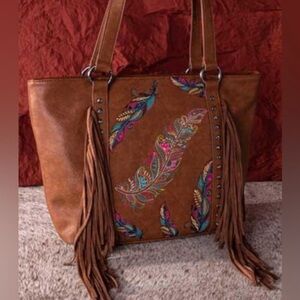 Montana West Brown Leather Tote with Fringe and Embroidery